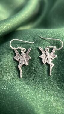 Sterling Silver Fairy Earrings 925 Art Nouveau Winged Nymph Dangle Pixie 3/4"